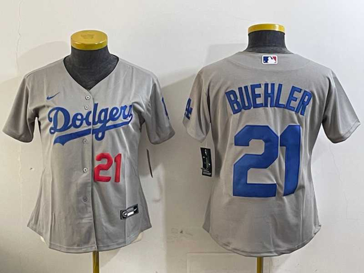 Womens Los Angeles Dodgers #21 Walker Buehler Number Grey Stitched Cool Base Nike Jersey